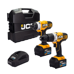 JCB 18V Cordless Combi Drill & Impact Driver Twin Pack with 2 x 5.0Ah Batteries, Charger & Case