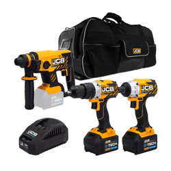 JCB 18V Brushless Cordless 3-Piece Power Tool Kit with 2 x 5.0Ah Batteries, Charger & Kit Bag