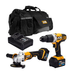 JCB 18V Cordless Combi Drill & Angle Grinder Twin Pack with 2 x 5.0Ah Batteries, Charger & Kit Bag