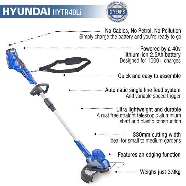 Hyundai HYTR40Li 33cm 40V Cordless Grass Trimmer with Battery & Charger