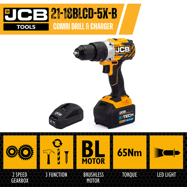 JCB 18V Brushless Cordless Combi Drill with 5.0Ah Battery & Charger