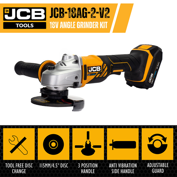 JCB 18V Cordless Angle Grinder with 2.0Ah Battery & Charger