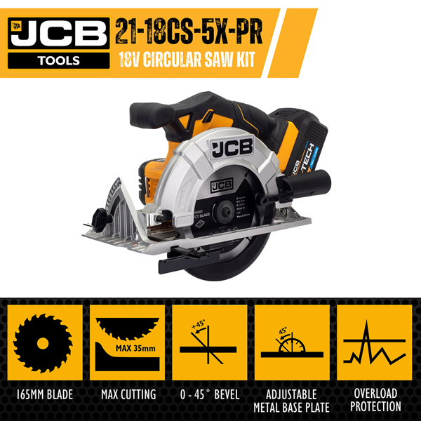 JCB 18V Cordless Circular Saw with 5.0Ah Battery, Charger Kit Bag & 2 x TCT Blades