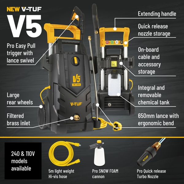 V-TUF V5 240v X2 Tough DIY Electric High Power Pressure Jet Washer 2400psi, 165Bar, 7.2L/min  - Pro Patio & Car Cleaner Kit