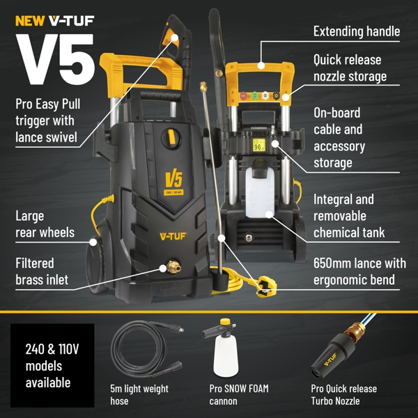 V-TUF V5 240v X2 Tough DIY Electric High Power Pressure Jet Washer 2400psi, 165Bar, 7.2L/min  - Pro Patio & Car Cleaner Kit