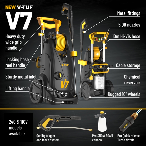 V-TUF V7 240v 195Bar, 7.2L/min Tough DIY Electric Pressure Washer - With Pro Patio & Car Cleaner Kit