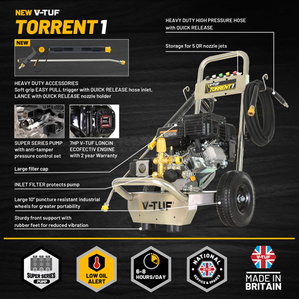 V-TUF TORRENT 1 Industrial 7HP Petrol Pressure Washer - 2755psi, 190 Bar, 13L/min +19