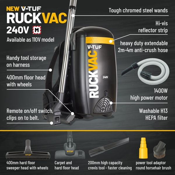 V-TUF RUCKVAC 240v Industrial Backpack Vacuum Cleaner - with Lung Safe Hepa H13 Filtration - 5M HIGH LEVEL INTERNAL CLEANING KIT