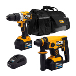 JCB 18V Brushless Cordless Combi Drill & SDS Rotary Hammer Drill Twin Pack with 2 x 5.0Ah Batteries, Charger & Kit Bag thumbnail